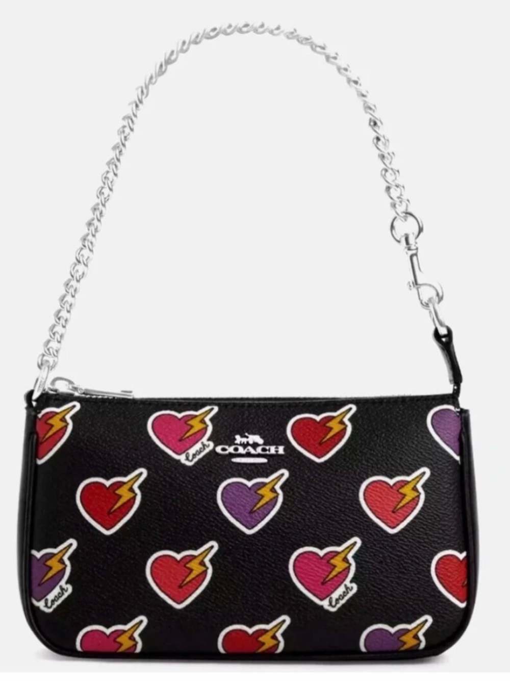 Coach Black Leather Shoulder Bag with Multicolor Heart Lightning Print